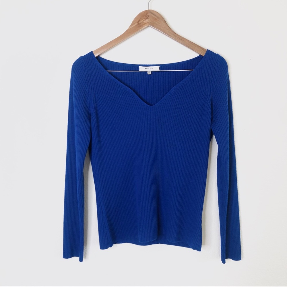 Milly Blue Ribbed V Neck Wool Sweater